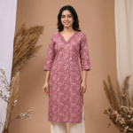 Rayon Printed Kurti – V-Neck 3/4 Sleeve Ethnic Wear