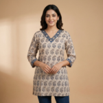 Beige Printed V-Neck Cotton Short Kurti