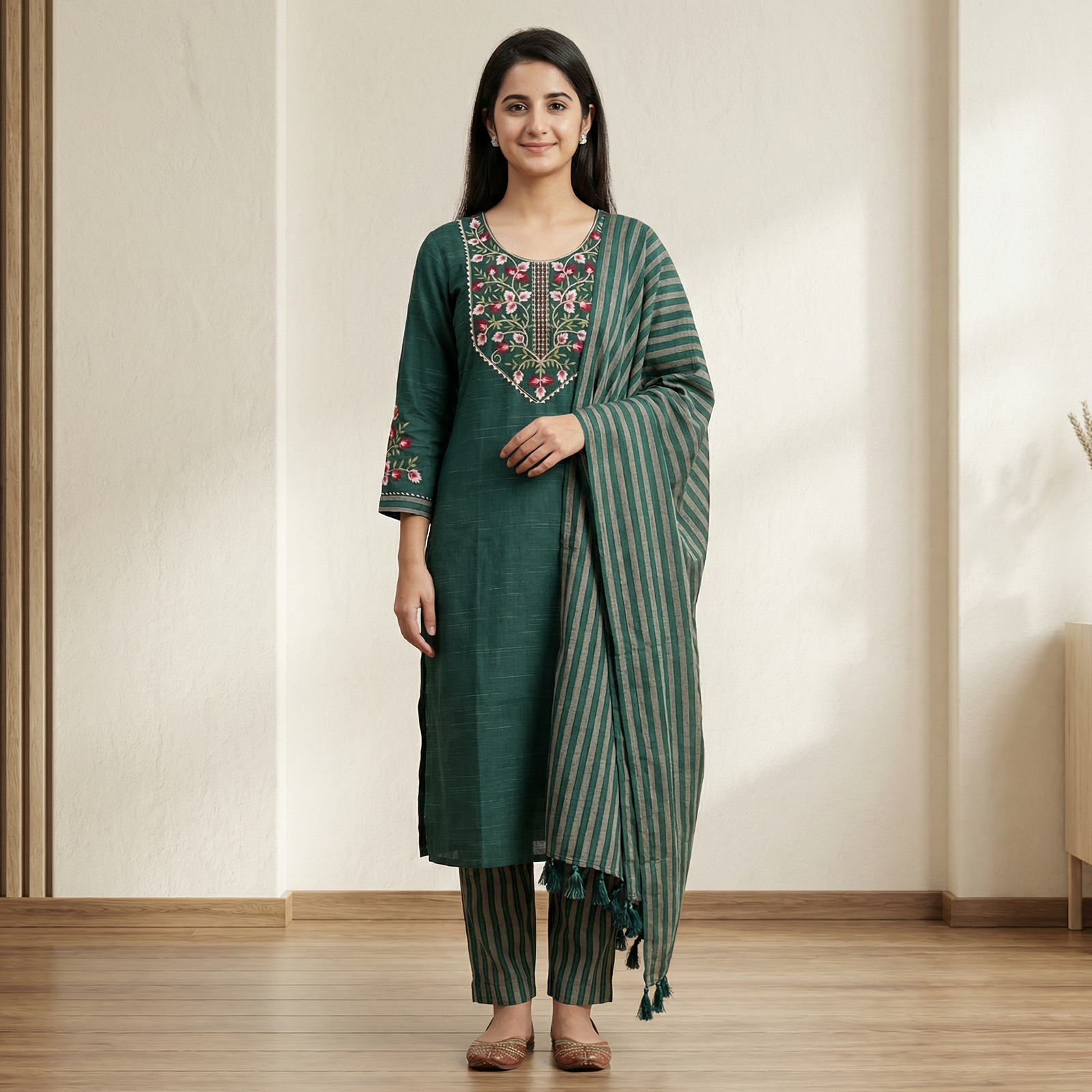 hf_20260216_094559_144a34eb-2ba6-468a-8c9e-05961495bb93 (1) Elegant Green Cotton Kurta Set with Embroidered Neck & Striped Dupatta - Image 1