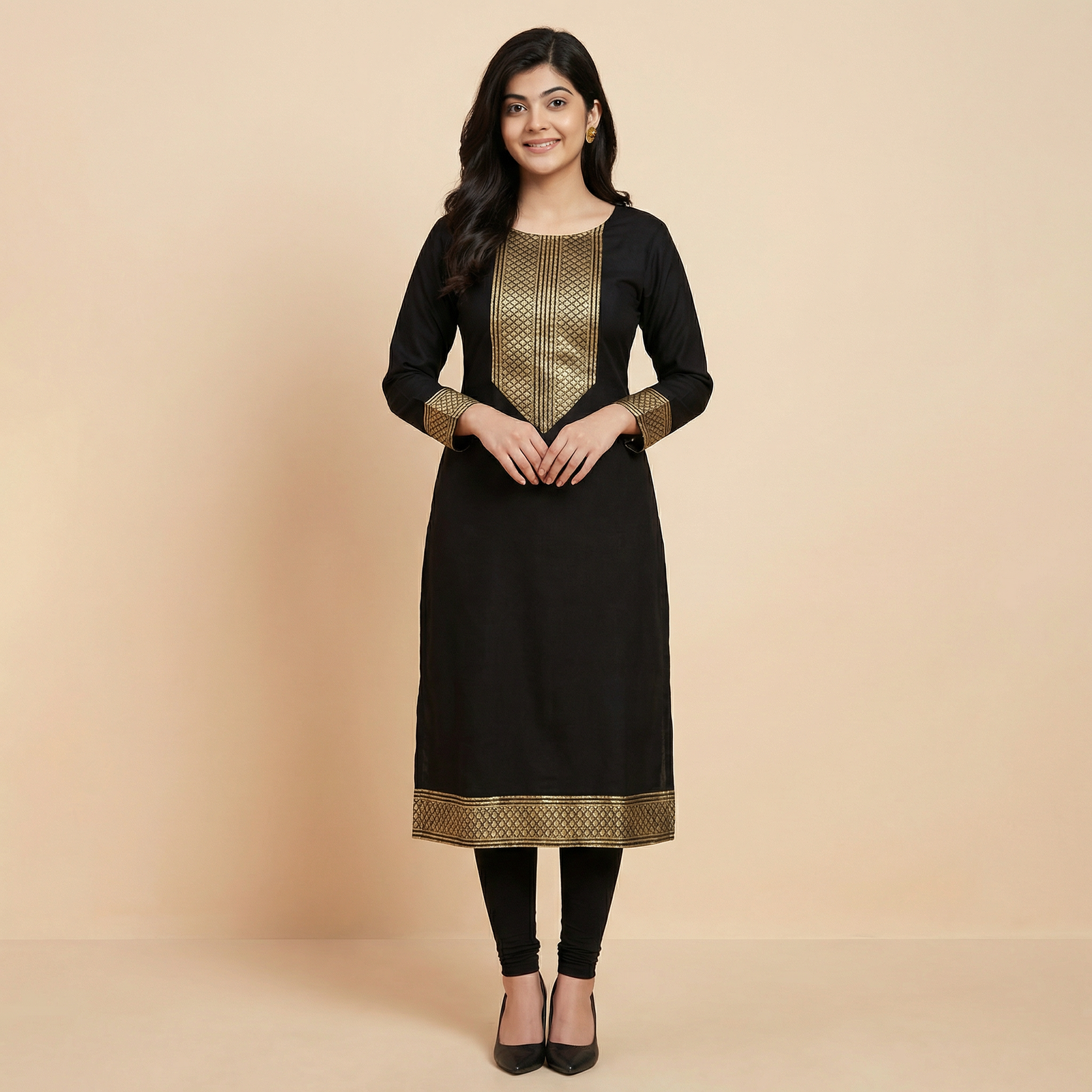 hf_20260216_114050_29b5302e-09f0-446c-89e3-02b43e4fb45f (1) Black Straight Kurti with Gold Embroidery Panel – Elegant Ethnic Wear - Image 1
