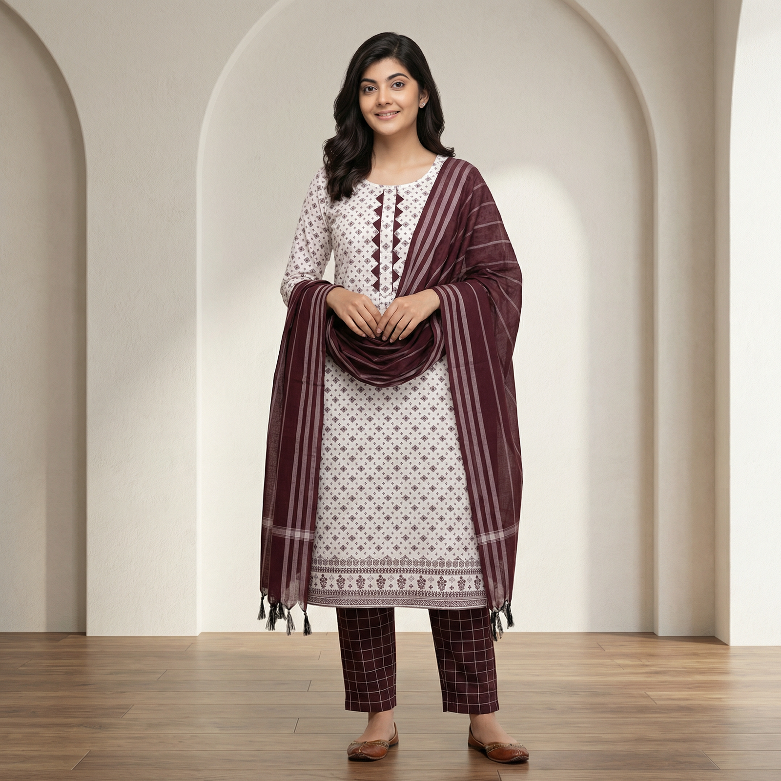 hf_20260216_132856_827e97f0-0bf2-43a3-89d8-9c398068aef2 (1) White Printed Cotton Kurta Set with Brown Pants & Maroon Dupatta - Image 1