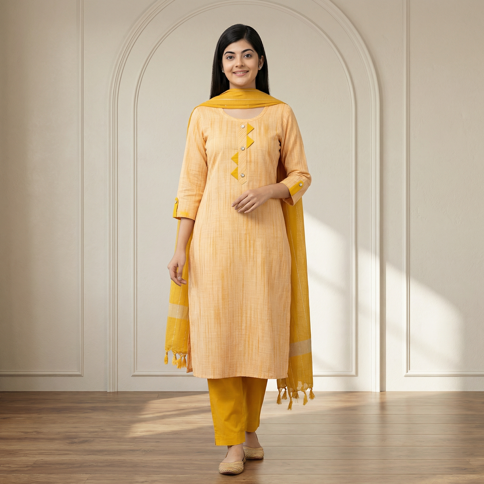 hf_20260216_133058_924f7f4c-b42c-48b5-b22e-76a88794d85f (1) Mustard Yellow Cotton Kurta Set for Women with Dupatta – Elegant Ethnic Wear - Image 1
