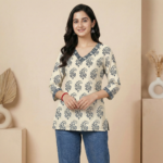 Beige Floral Print Tunic Top with Contrast Neckline - Image 3