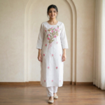 White Cotton Floral Embroidered Kurti – Elegant Straight Fit Ethnic Wear