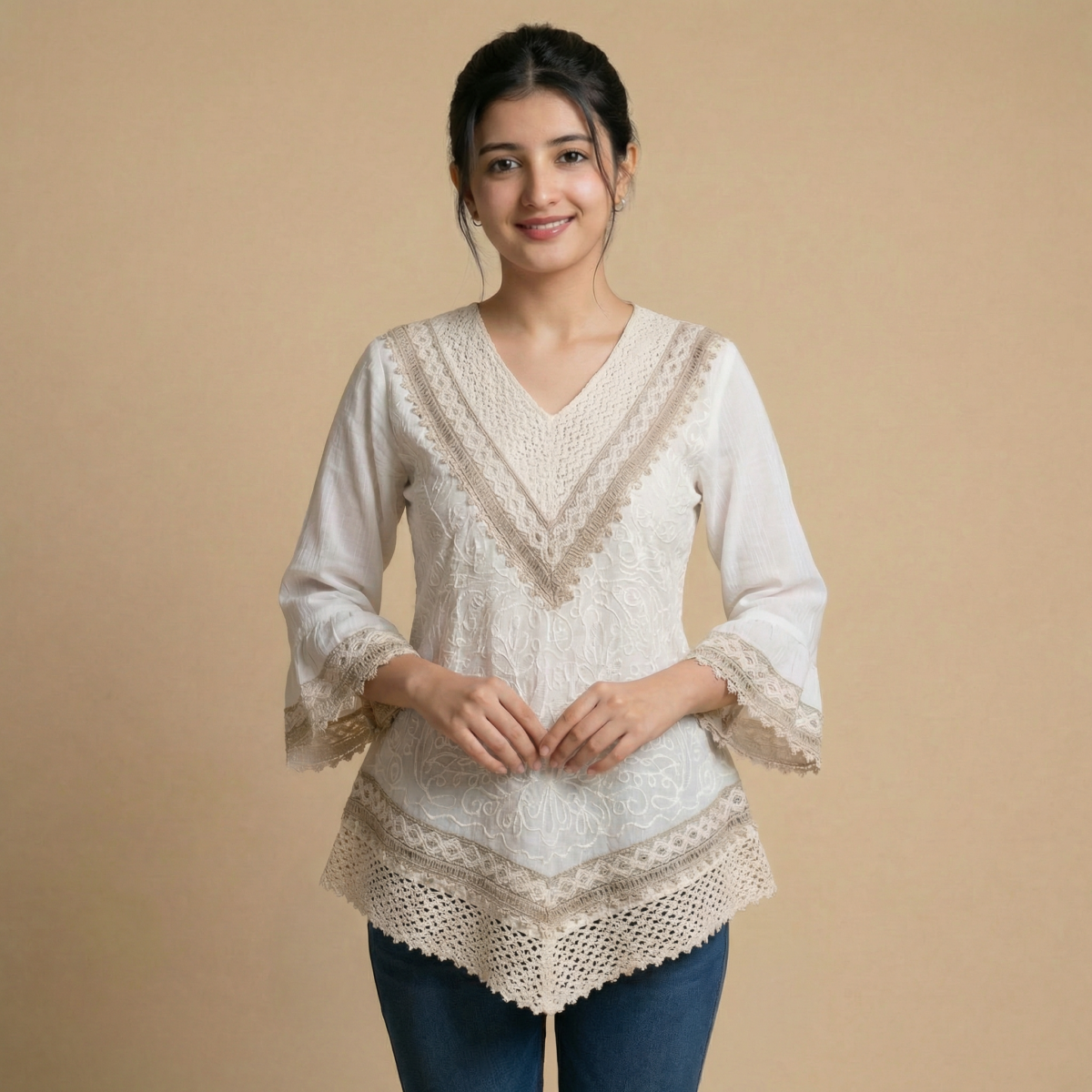 Elegant Beige Lace V-Neck Top with Crochet Hem & Bell Sleeves - Image 2