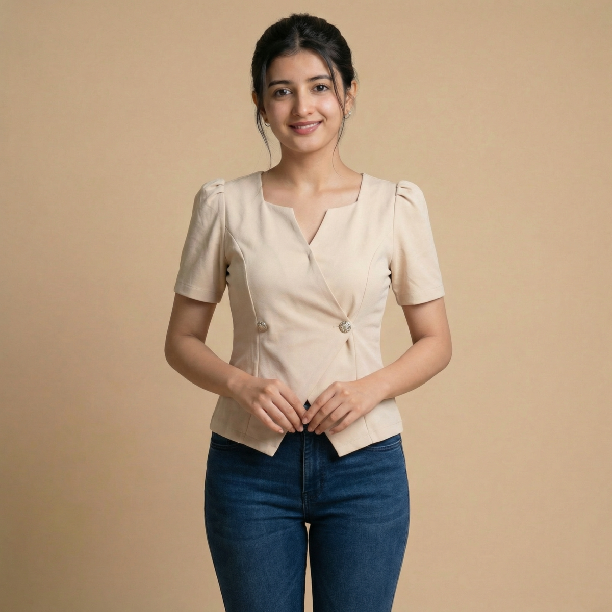 Beige Wrap Style Short Sleeve Top for Girl & Women - Image 4