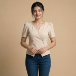 Beige Wrap Style Short Sleeve Top for Girl & Women - Image 4