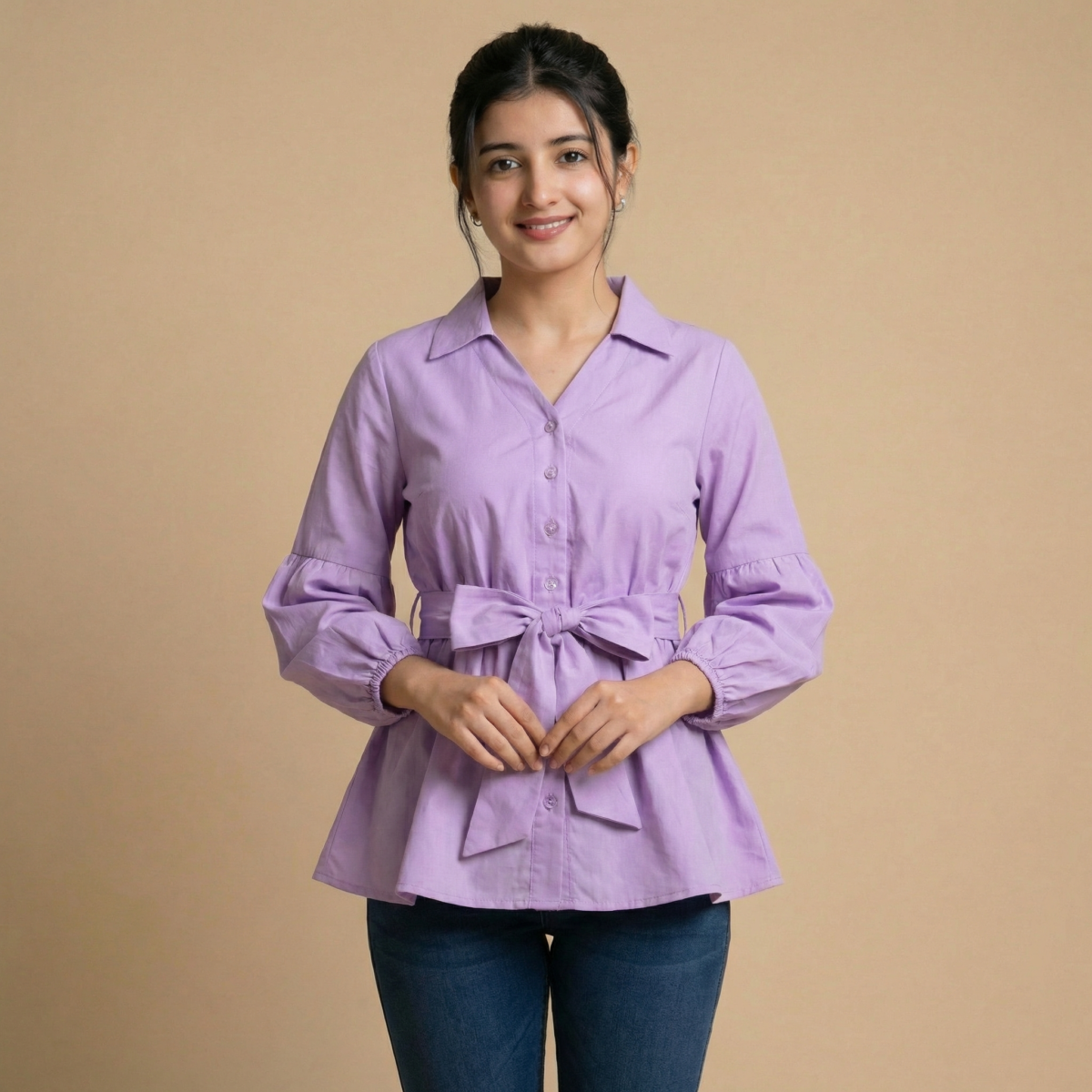 Lavender Tie-Waist Top with Puff Sleeves for Girl & Women - Image 2