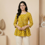 Mustard Printed Lace-Up Short Kurti – 3/4 Sleeve Casual Ethnic Top