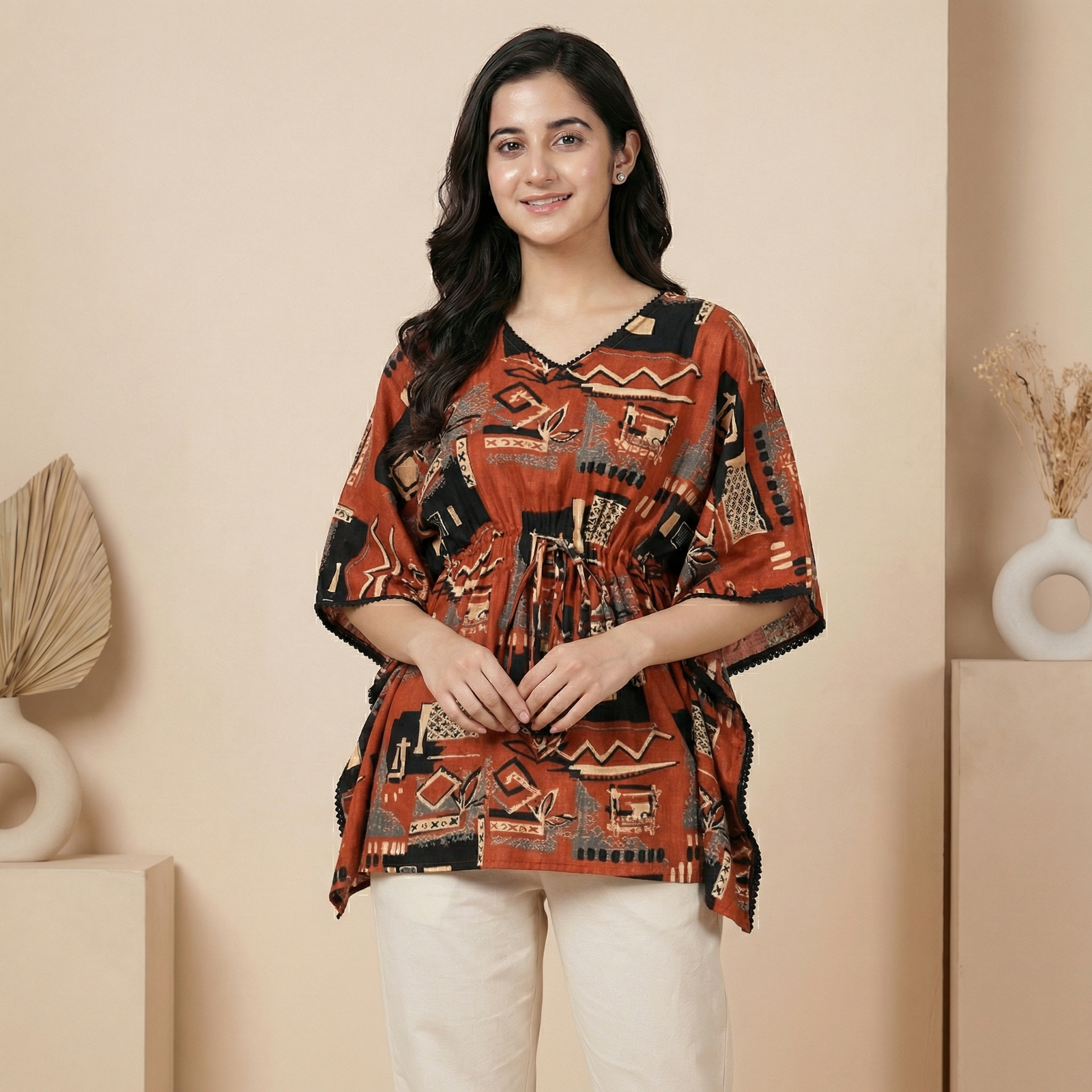 hf_20260217_081933_8eb88bf1-b7c0-4f7f-b256-63e4e257a185 (1) Rust Abstract Print Kaftan Top with Waist Tie-Up - Image 1