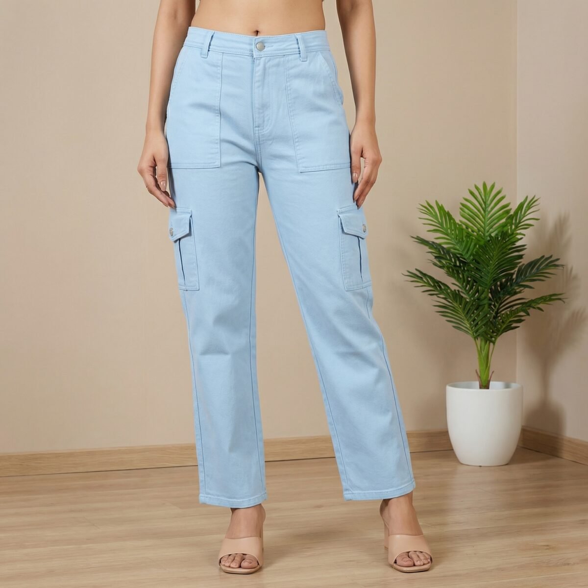Women Sky Blue Straight Fit Cotton Cargo Jeans - Image 4