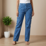 Women Blue Denim Straight Fit Cargo Jeans