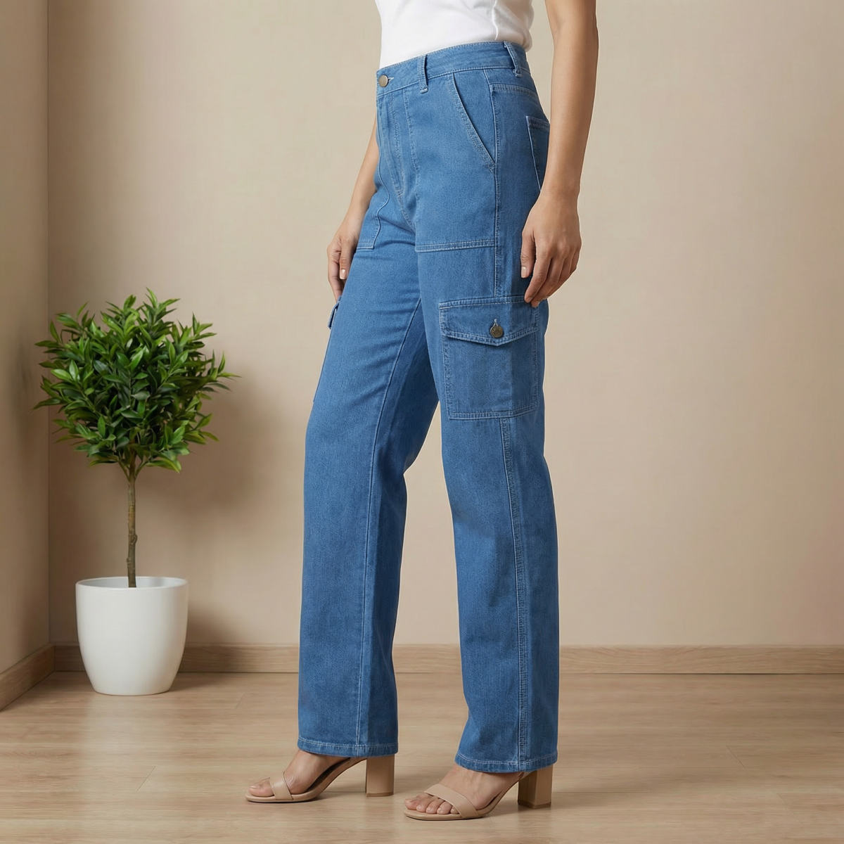 Women Blue Denim Straight Fit Cargo Jeans - Image 4