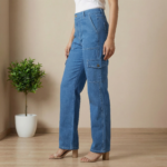 Women Blue Denim Straight Fit Cargo Jeans - Image 4