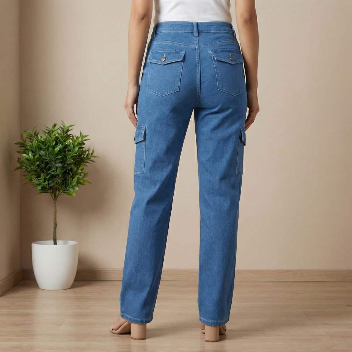 Women Blue Denim Straight Fit Cargo Jeans - Image 3