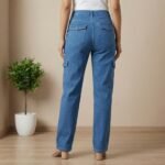 Women Blue Denim Straight Fit Cargo Jeans - Image 3