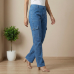 Women Blue Denim Straight Fit Cargo Jeans - Image 2