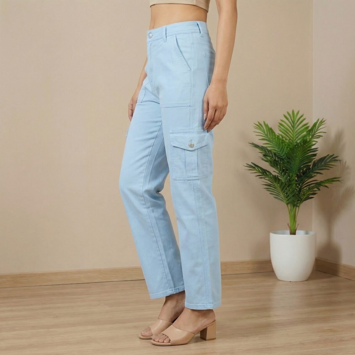 Women Sky Blue Straight Fit Cotton Cargo Jeans - Image 2