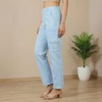 Women Sky Blue Straight Fit Cotton Cargo Jeans - Image 2