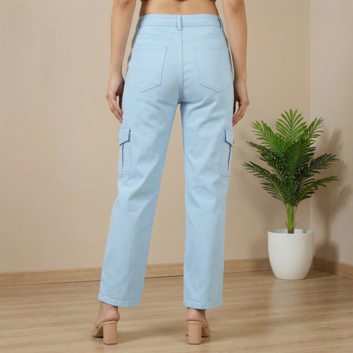 Women Sky Blue Straight Fit Cotton Cargo Jeans - Image 3
