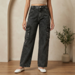 Black Acid Wash Wide-Leg Cargo Jeans – High-Rise Elastic Waist Denim - Image 4