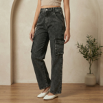 Black Acid Wash Wide-Leg Cargo Jeans – High-Rise Elastic Waist Denim