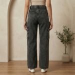 Black Acid Wash Wide-Leg Cargo Jeans – High-Rise Elastic Waist Denim - Image 3