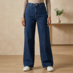 Dark Blue Straight Fit Wide Leg Jeans for Girl and Women