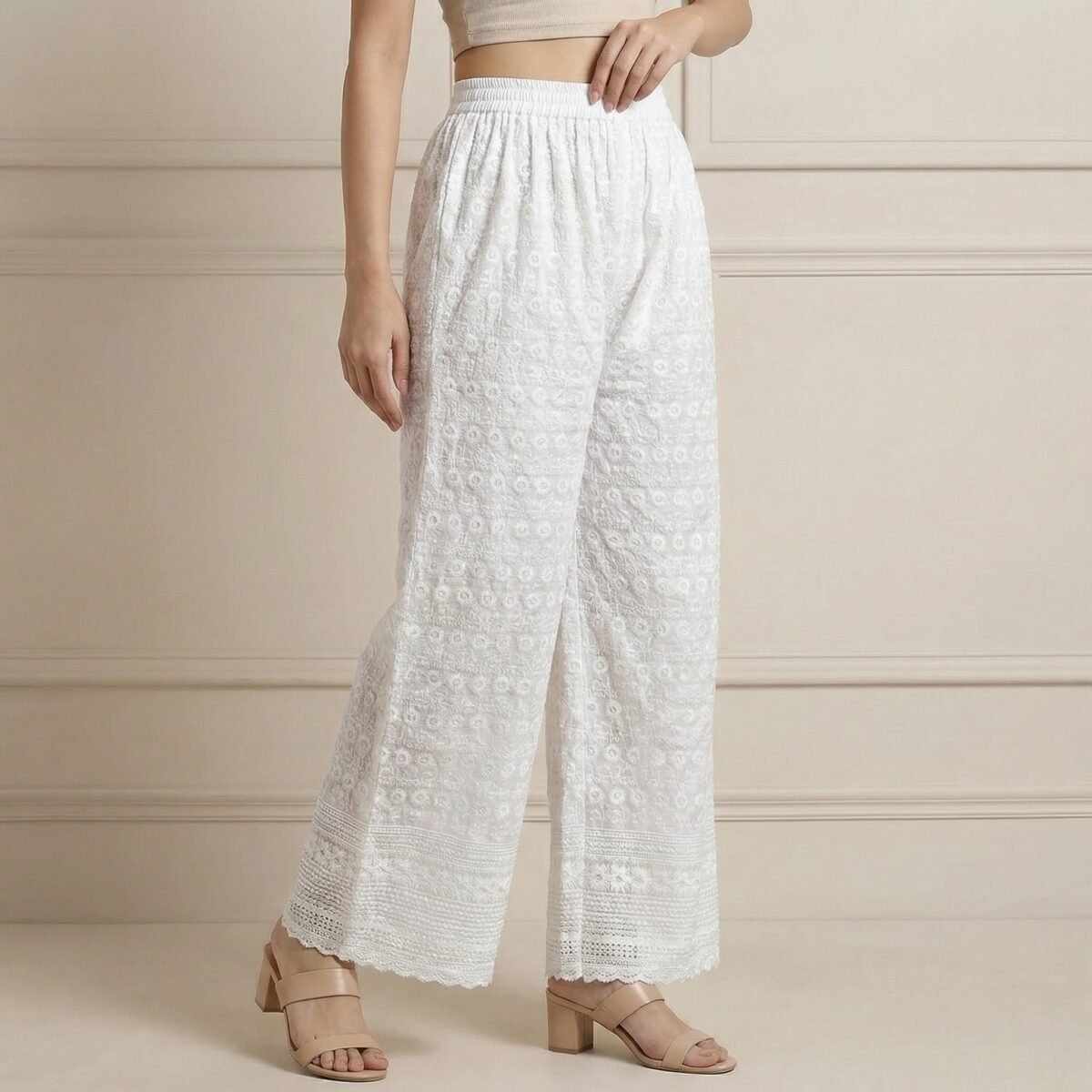 White Heavy Embroidered Cotton Wide-Leg Palazzo Pants for Women - Image 2