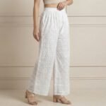 White Heavy Embroidered Cotton Wide-Leg Palazzo Pants for Women - Image 2
