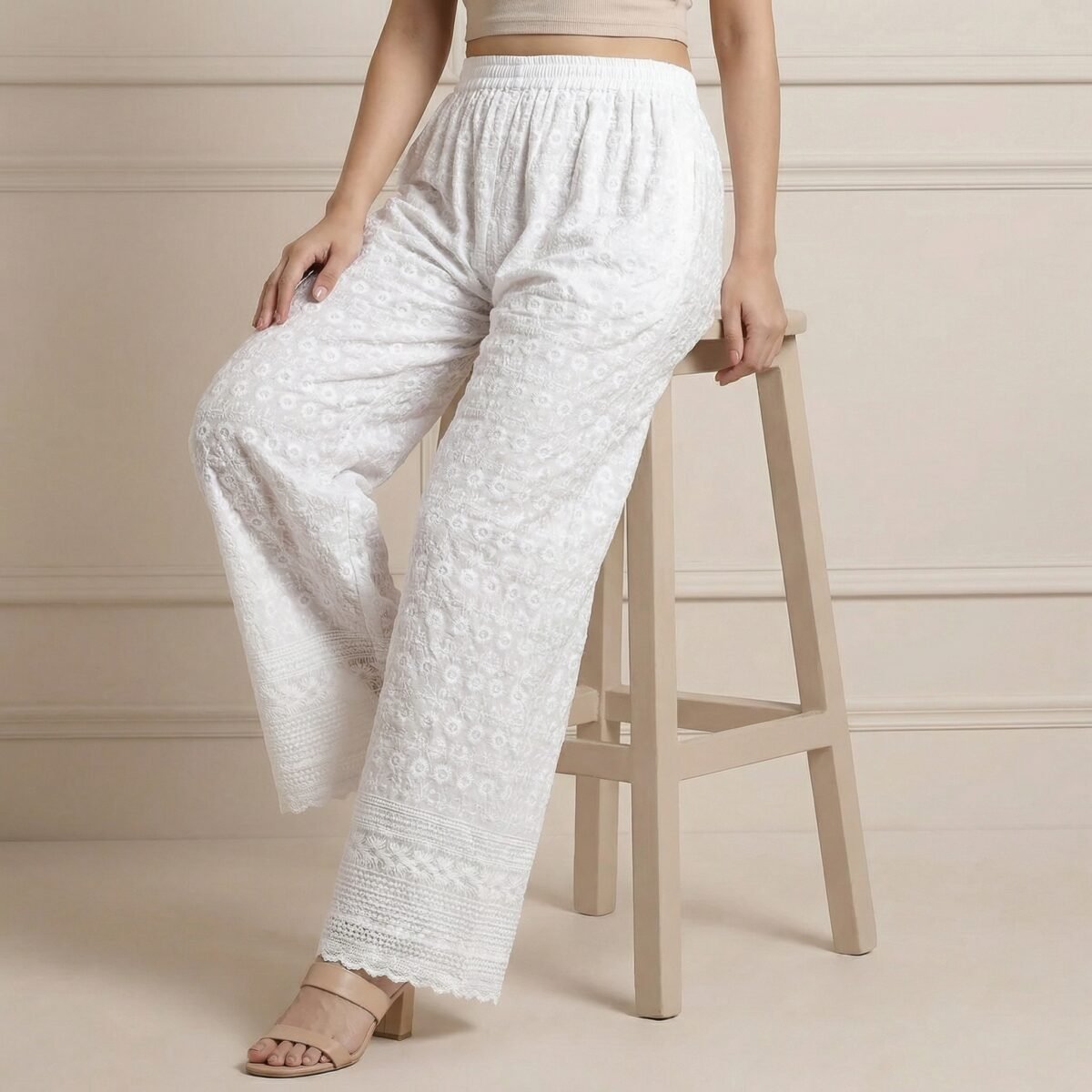 White Heavy Embroidered Cotton Wide-Leg Palazzo Pants for Women - Image 3