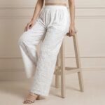 White Heavy Embroidered Cotton Wide-Leg Palazzo Pants for Women - Image 3