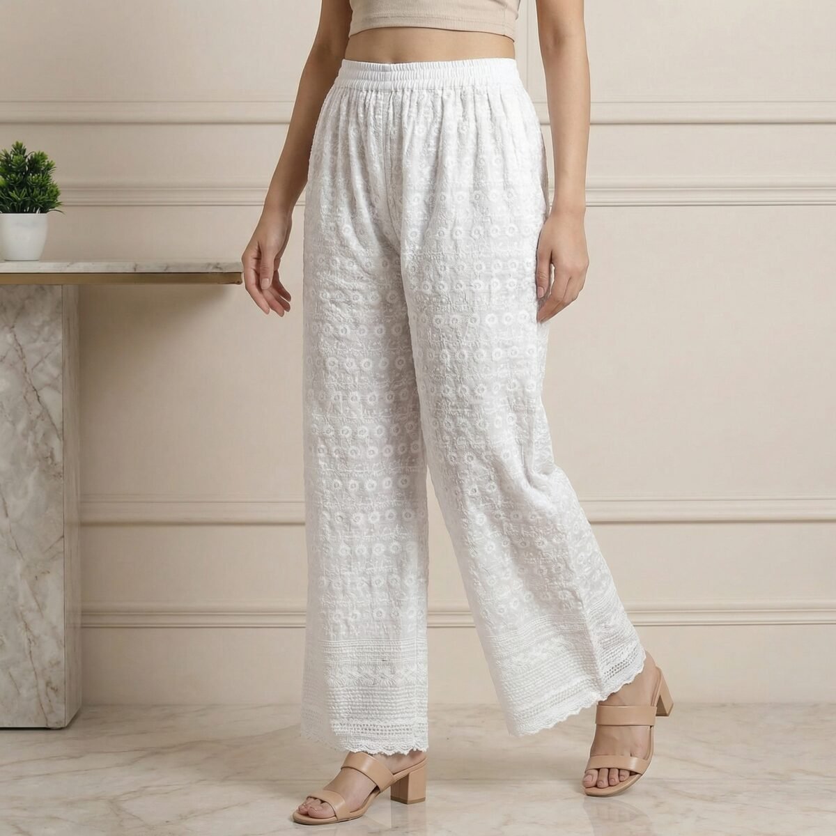 White Heavy Embroidered Cotton Wide-Leg Palazzo Pants for Women - Image 4