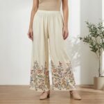 Women’s Cream Floral Embroidered Rayon Palazzos – Wide Leg Ethnic Bottom Wear