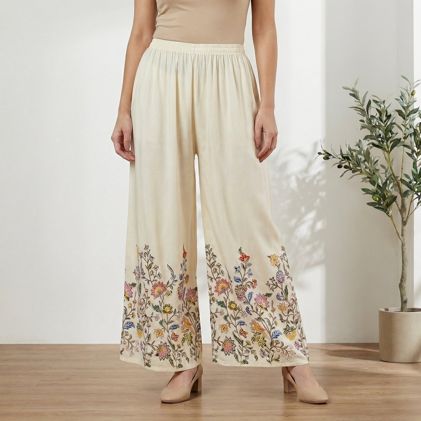 hf_20260223_095511_330ef06a-b2b8-430f-b24c-7d38649869d8 Women’s Cream Floral Embroidered Rayon Palazzos – Wide Leg Ethnic Bottom Wear - Image 1