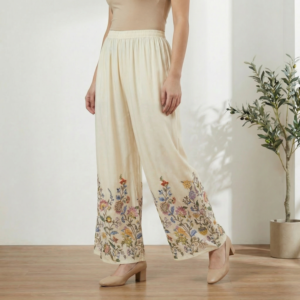 Women’s Cream Floral Embroidered Rayon Palazzos – Wide Leg Ethnic Bottom Wear - Image 4