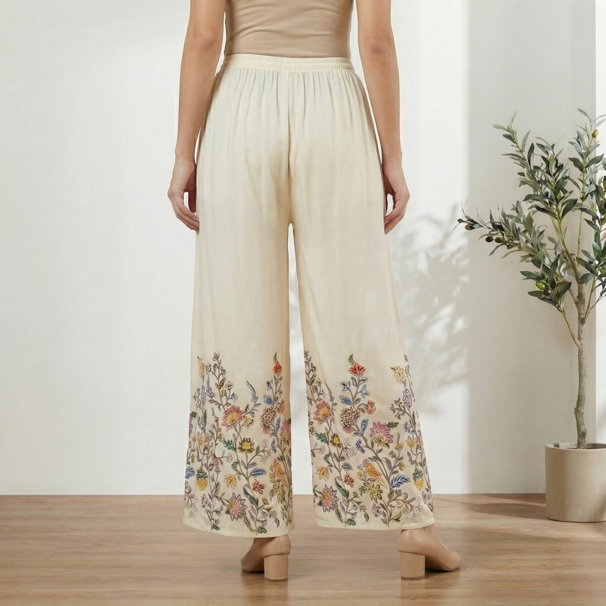 Women’s Cream Floral Embroidered Rayon Palazzos – Wide Leg Ethnic Bottom Wear - Image 3