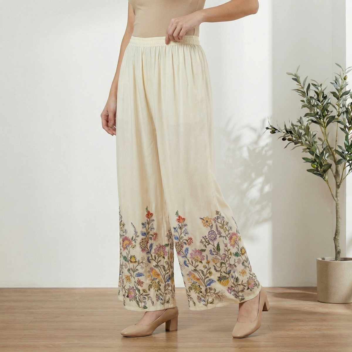 Women’s Cream Floral Embroidered Rayon Palazzos – Wide Leg Ethnic Bottom Wear - Image 2