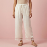 Ivory Satin Lace Hem Palazzos – Elastic Waist Wide Leg Pants