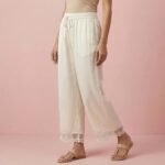 Ivory Satin Lace Hem Palazzos – Elastic Waist Wide Leg Pants - Image 3