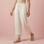 Ivory Satin Lace Hem Palazzos – Elastic Waist Wide Leg Pants - Image 2