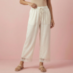 Ivory Satin Lace Hem Palazzos – Elastic Waist Wide Leg Pants - Image 4