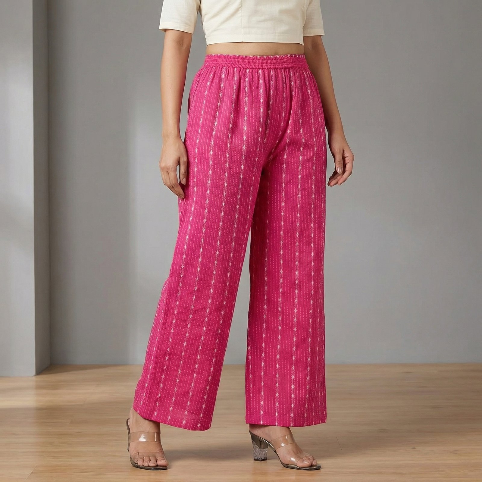 hf_20260224_034446_ef38b883-d1f4-44e7-80d0-7acd1a06b737 Fuchsia Pink Woven Stripe High-Rise Elasticated Palazzos for Women - Image 1