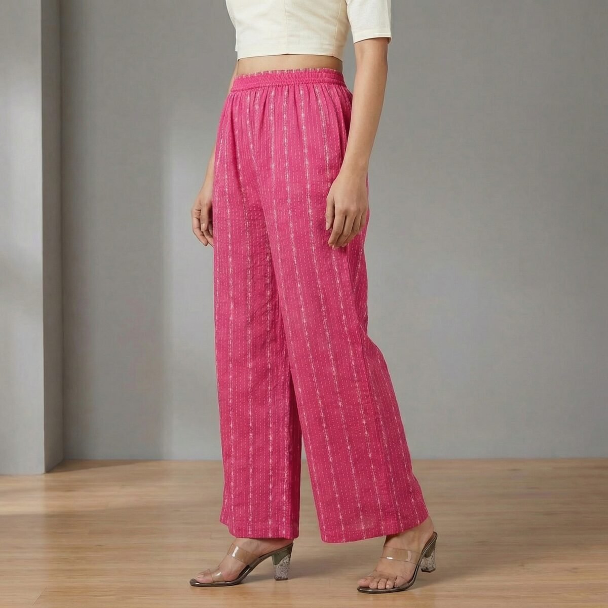 Fuchsia Pink Woven Stripe High-Rise Elasticated Palazzos for Women - Image 2