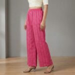 Fuchsia Pink Woven Stripe High-Rise Elasticated Palazzos for Women - Image 2