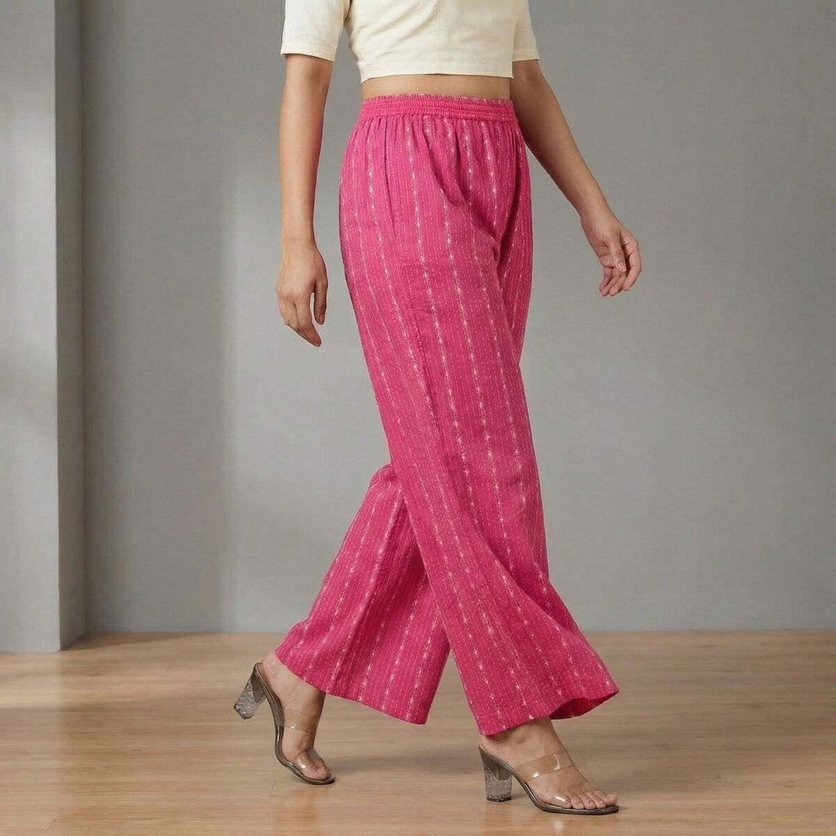 Fuchsia Pink Woven Stripe High-Rise Elasticated Palazzos for Women - Image 4