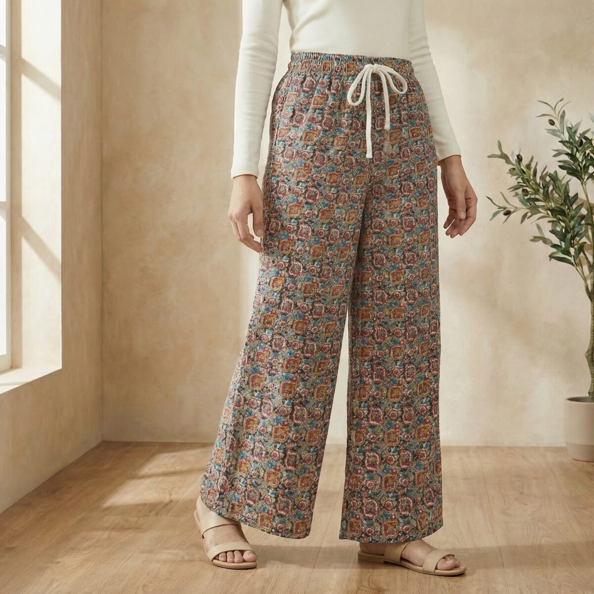 Women’s Multicolor Printed Flared Palazzo Pants with Elastic Waist & Drawstring - Image 3
