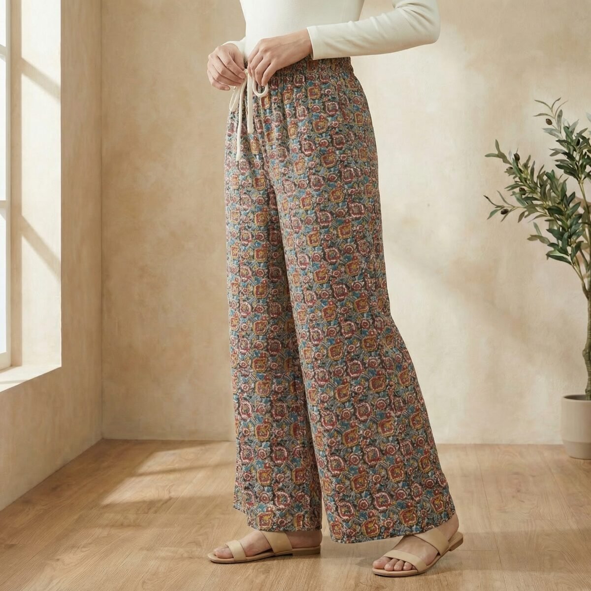 Women’s Multicolor Printed Flared Palazzo Pants with Elastic Waist & Drawstring - Image 4