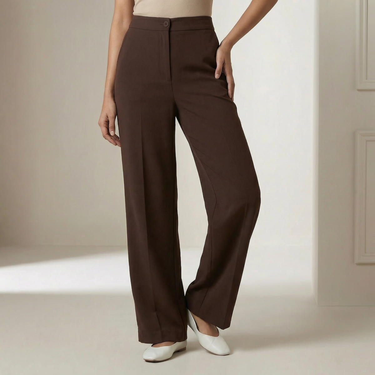 High-Waisted Brown Wide-Leg Tailored Trousers for Girls - Image 2
