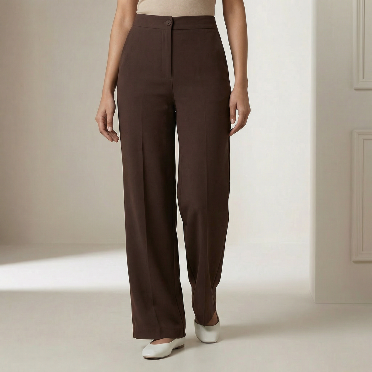 High-Waisted Brown Wide-Leg Tailored Trousers for Girls - Image 3